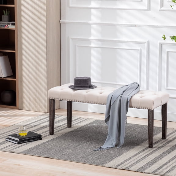Nmkwnr Velvet Rectangle Bench with Wood Legs, Upholstered Dining Bench for Entryway Dining Room Living Room, Beige