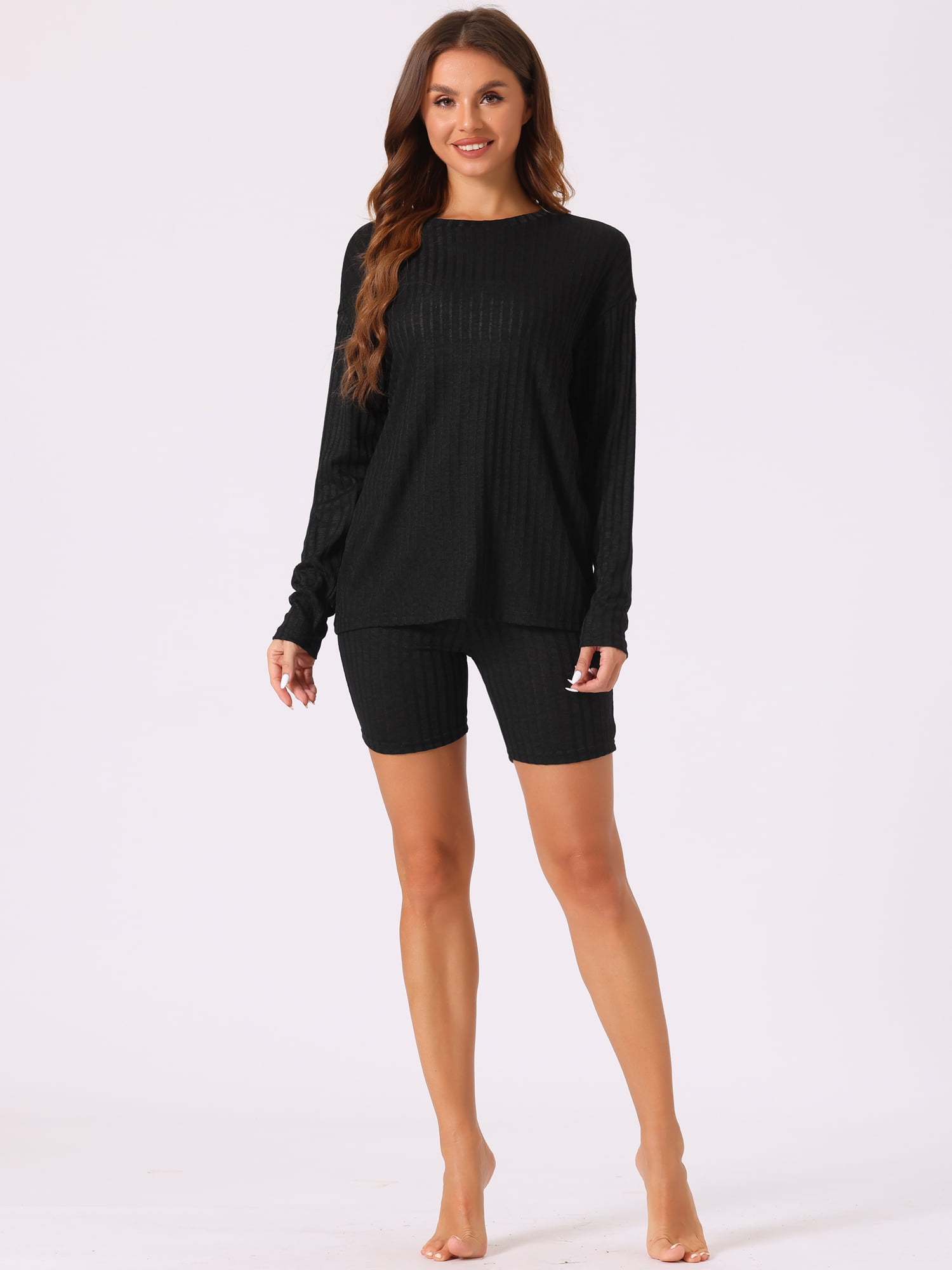 DARING DIVA Women's 2 Pcs Biker Shorts Lounge Sets Ribbed Knit Outfits Black 2XL