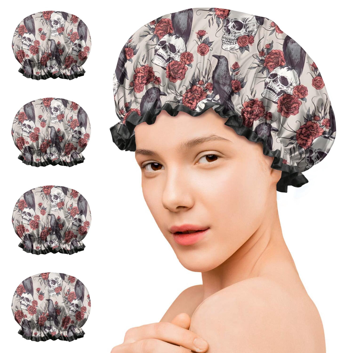 Shower Caps,Beige Skull Crow Flower Pattern Waterproof Shower Cap for Women 4 Pieces,Double Reusable Hair Cover for Shower PEVA Elastic Stretch Hem
