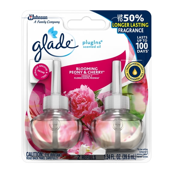 Glade PlugIns Scented Oil 2 Refills, Air Freshener, Blooming Peony & Cherry, 2 x 1.34 oz