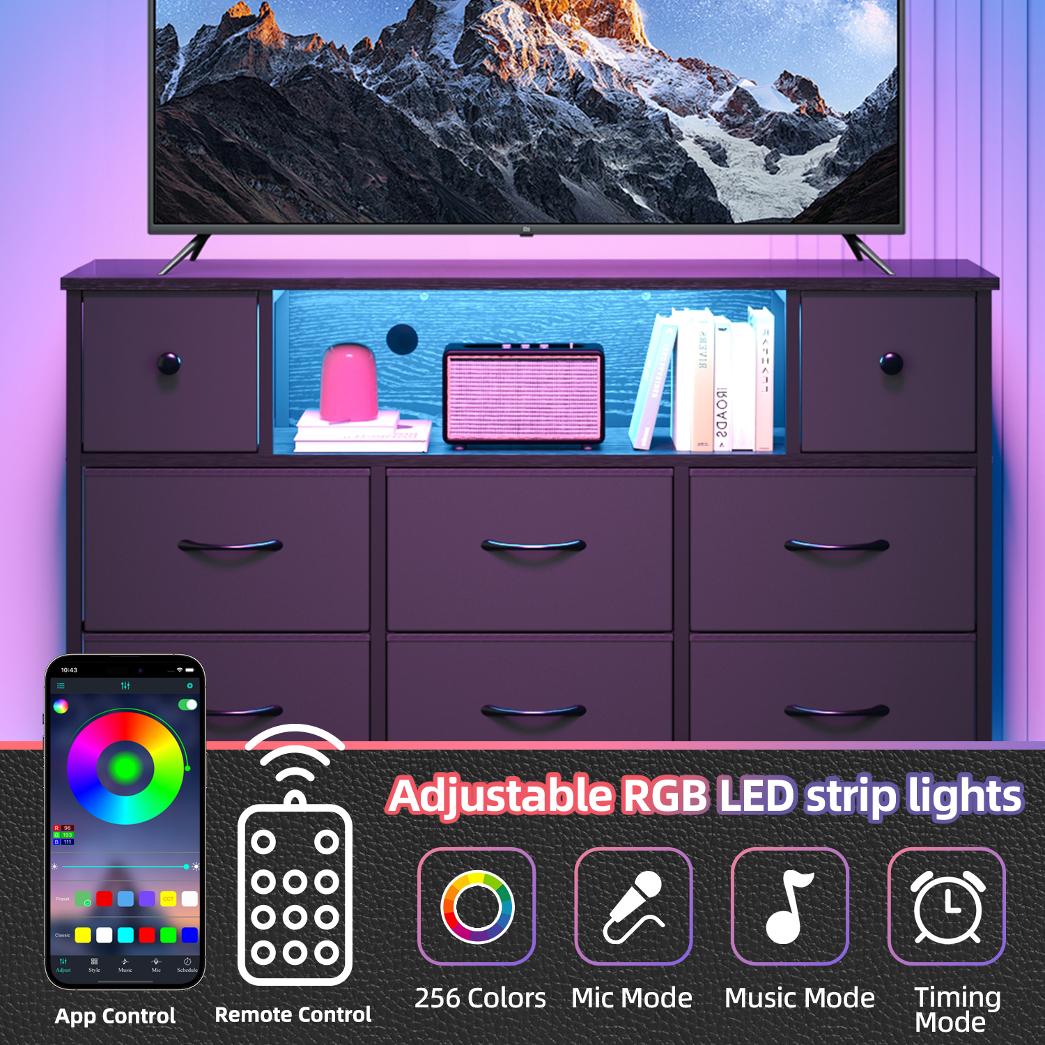 Fairy 55" Black Dresser with LED Lights and Power Outlets photo 8