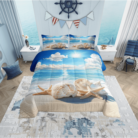 Erosebridal Dreamy Coastal Comforter Sets Twin Size, Seashell Beach Comforters & Duvets, Ocean Theme Reversible Duvet Insert, Ultra Soft Bedroom Decorative, 2pcs
