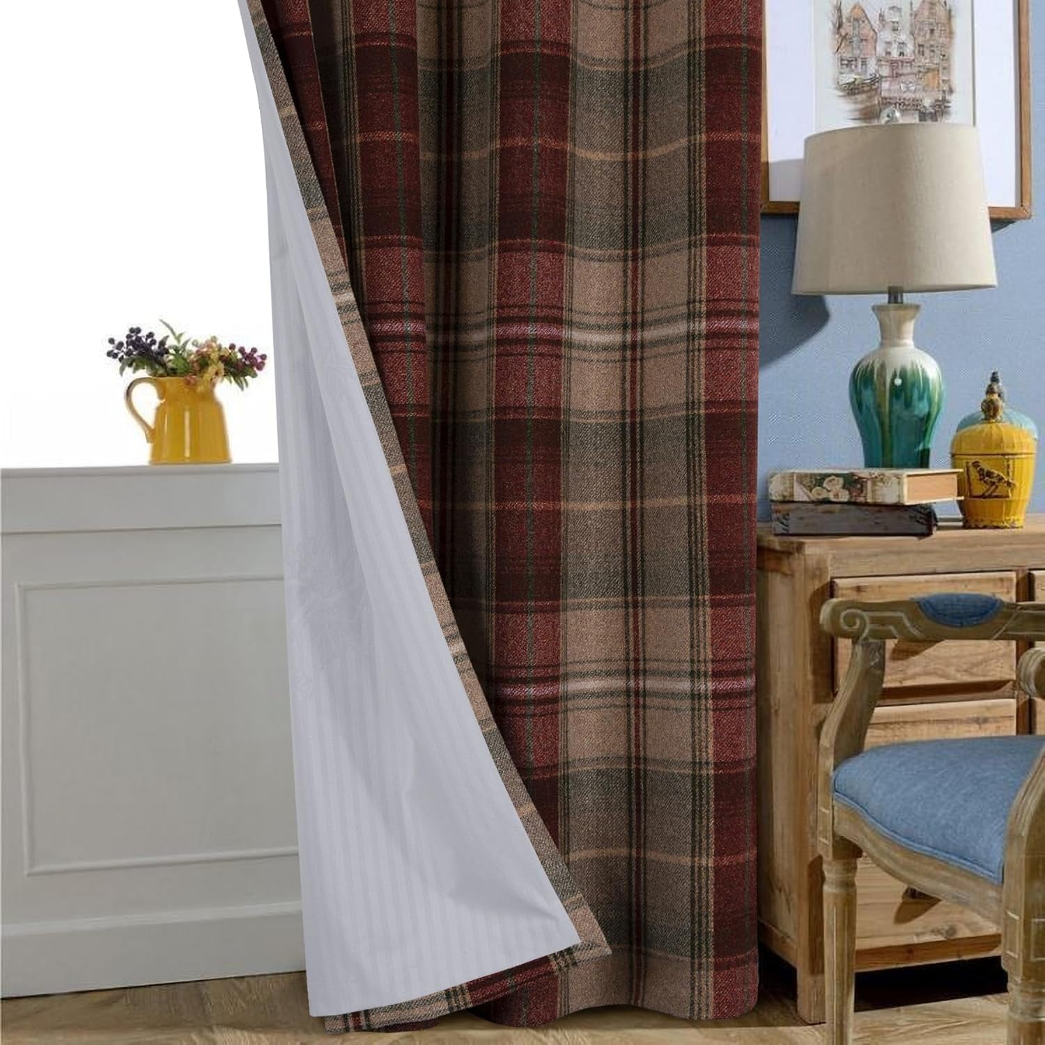 100% Blackout Plaid Curtains Modern Window Panels Checkered Tartan Curtains for Living Room Bedroom Christmas Red Green 53"W x 84"L (Pack of 2)