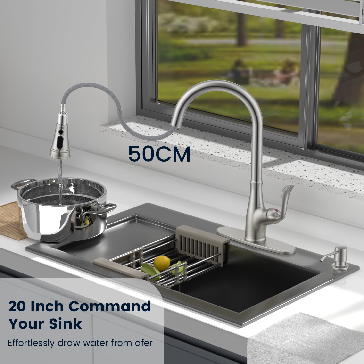 APPASO Brushed Nickel Kitchen Faucet, Stainless Steel Brushed Nickel High Arc Pull Out Kitchen Sink Faucets with Deck Plate and Soap Dispenser