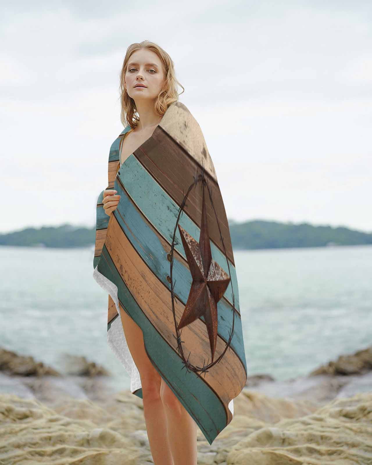 Texas Star Beach Towels Oversized Super Absorbent, Teal Brown Farmhouse Wooden Country Lightweight Bath Towel Quick Dry Sets For Bathroom/Pool/Rv Camping/Beach Play/Gym Room/Picnic 23"x47"