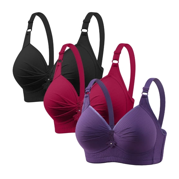 Besolor 3pc Plus Size Bras for Women High Support Full Coverage Gathered No Underwire Comfy Adjustable Strap Everyday Bralettes(X-Large,Wine1)