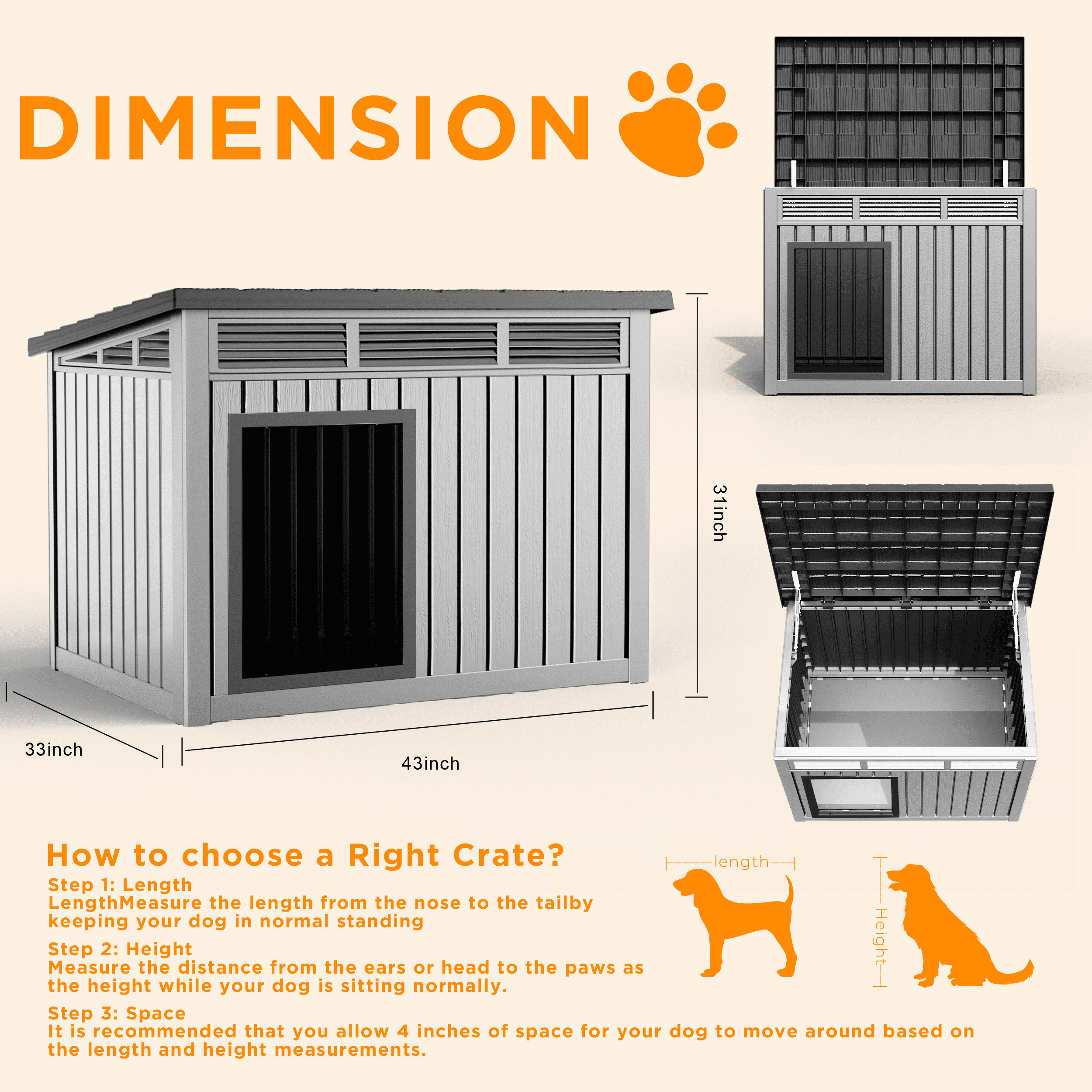 Dog House for Both Indoor and Outdoor with Weatherproof Roof Removable Floors for Medium to Large Dogs Interior Space (Grey&Black, Large )