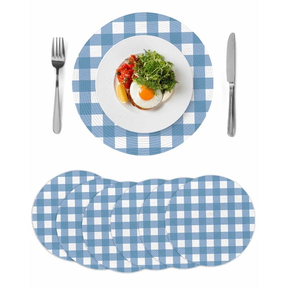 Round Woven Placemats set of 6, Farmhouse Vintage Washable&Heat Resistant Plastic Wipeable Placemats for Round Table Gingham Checkered Texture Kitchen Dining Table Decor, 15in, Steel Blue