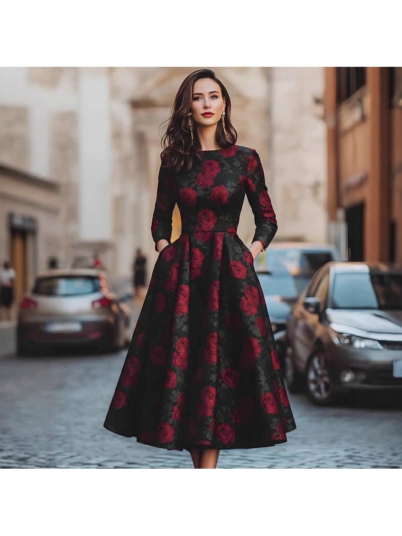 Women's Black Satin Midi Dress Round Neck Three Quarter Sleeve Dress with Red Rose Print Hidden Side Pockets and Vintage Floral Style