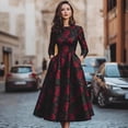 thumbnail image 3 of Women’s Black Satin Midi Dress Round Neck Three Quarter Sleeve Dress with Red Rose Print Hidden Side Pockets and Vintage Floral Style, 3 of 6