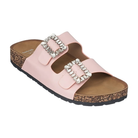 

GC Shoes Women s Cork Platform Footbed Sandals Casual Summer Comfort Slides Two Buckle Strap Slip Ons Claudia/Blush/8.5