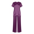 thumbnail image 5 of Silk Pajamas for Women 2 Piece Satin Pjs Cap Short Sleeve Sleepwear V Neck Shirt Long Pant Lounge Sets Purple XL(XL), 5 of 5