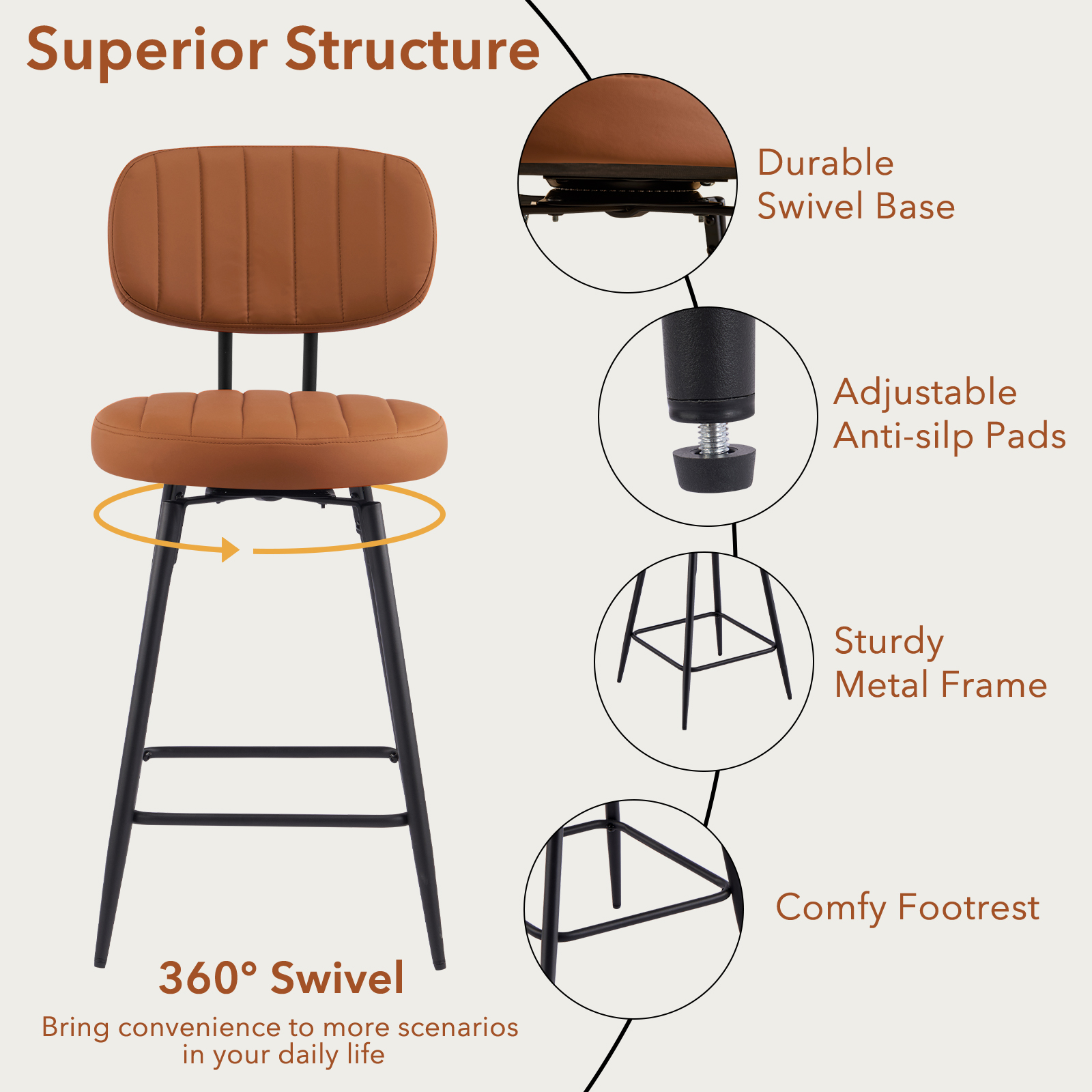 Furniliving 26" Modern Bar Stools Set of 2, Upholstered Swivel Counter Height Barstools with Back and Footrest, Adjustable Faux leather Barstool for Kitchen Island,Dining Room.Brown
