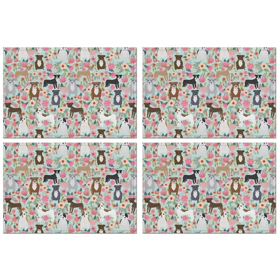 Cute Pitbull Terriers Dog and Flower Summer Placemats Table Placemats Set Of 4-Linen Kitchen Washable Placemats Table Mats 11.8"x17.7"Non-Slip Heat Resistant