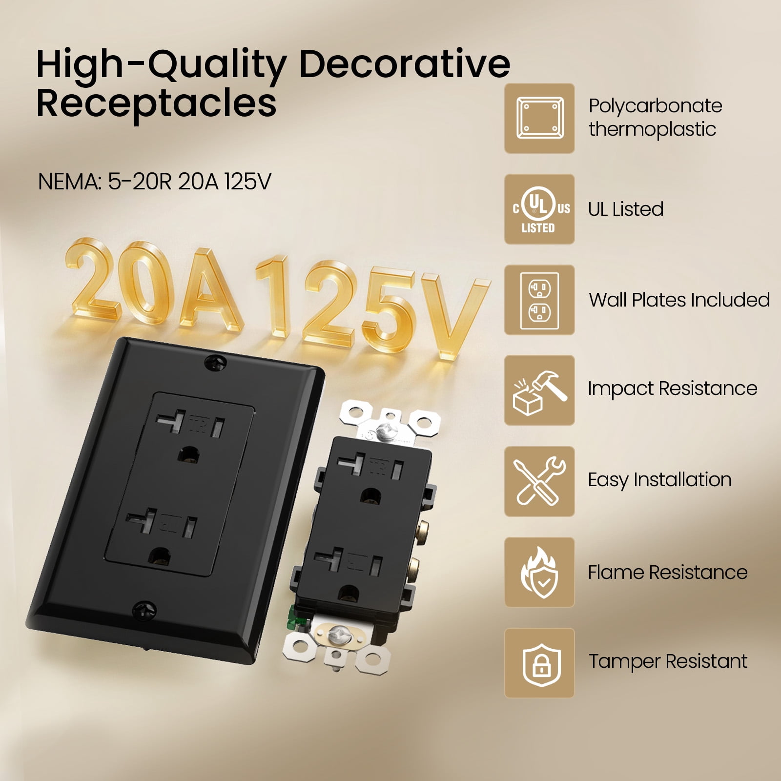 ELEGRP Decorative Receptacles 2-Pole 3-Wire Grounding Tamper-Resistant 20A 125V NEMA 5-20R Black 10 Pack