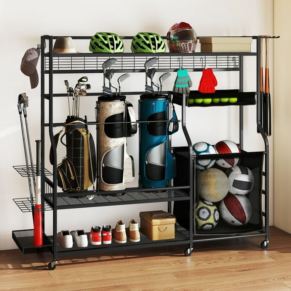 Uforic 3-Golf Bag Sports Organizer with Mesh Ball Bins, 8 Hooks, Yoga & Dumbbell Storage – Rolling Garage Rack for Golf, Tennis, Baseball & More