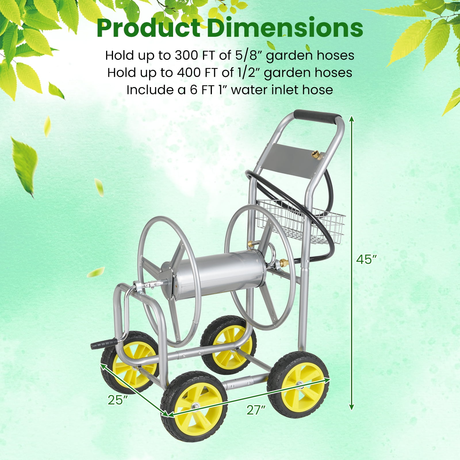 Gymax Garden Hose Reel Cart 300 FT of 5/8'' Large Capacity Heavy-Duty Metal Hose Cart Silver