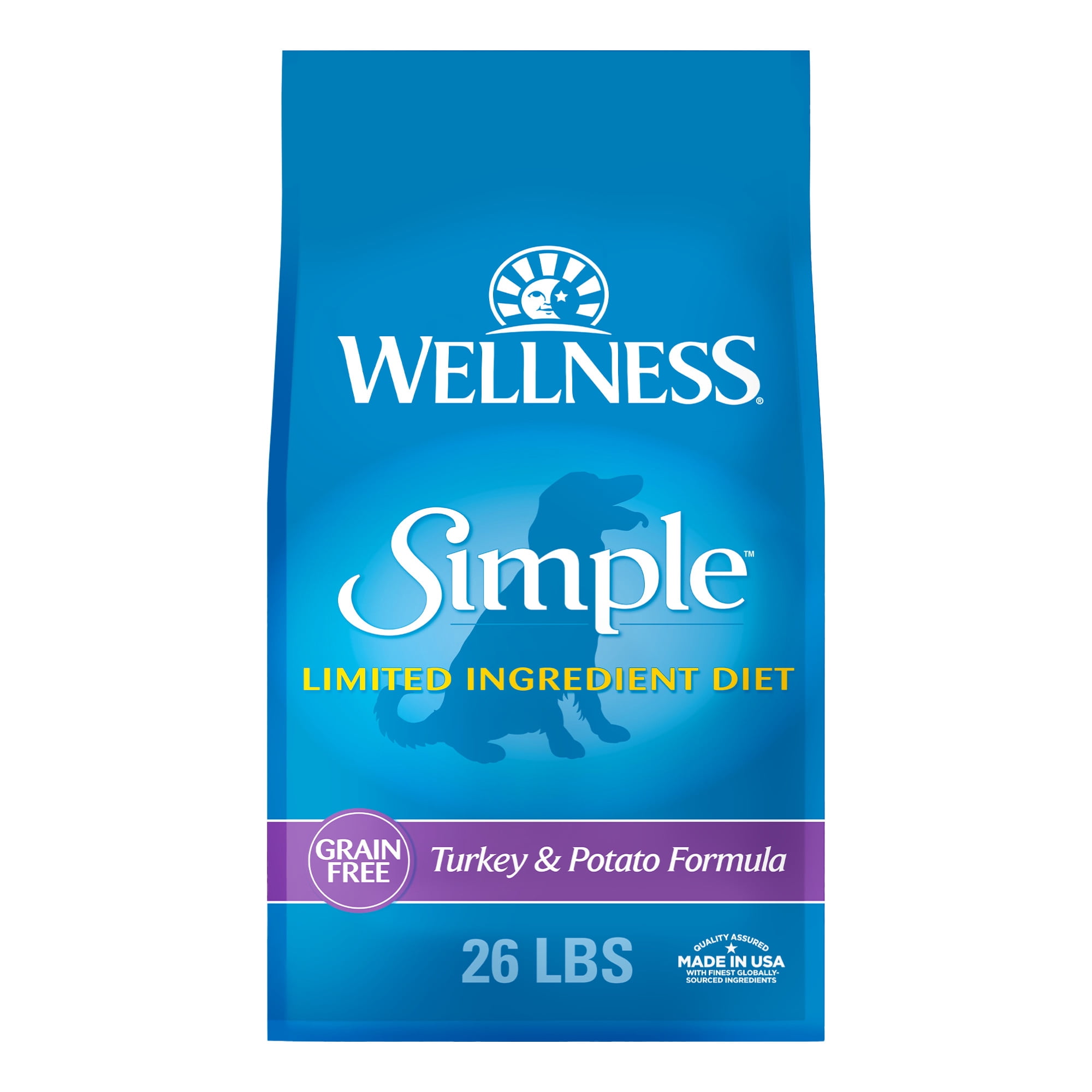Wellness Simple Limited Ingredient Adult Dry Dog Food, Grain Free Kibble, Sensitive Stomach, Skin & Coat Support, Natural, Chicken Free, Turkey and Potato Recipe, 26 lb Bag