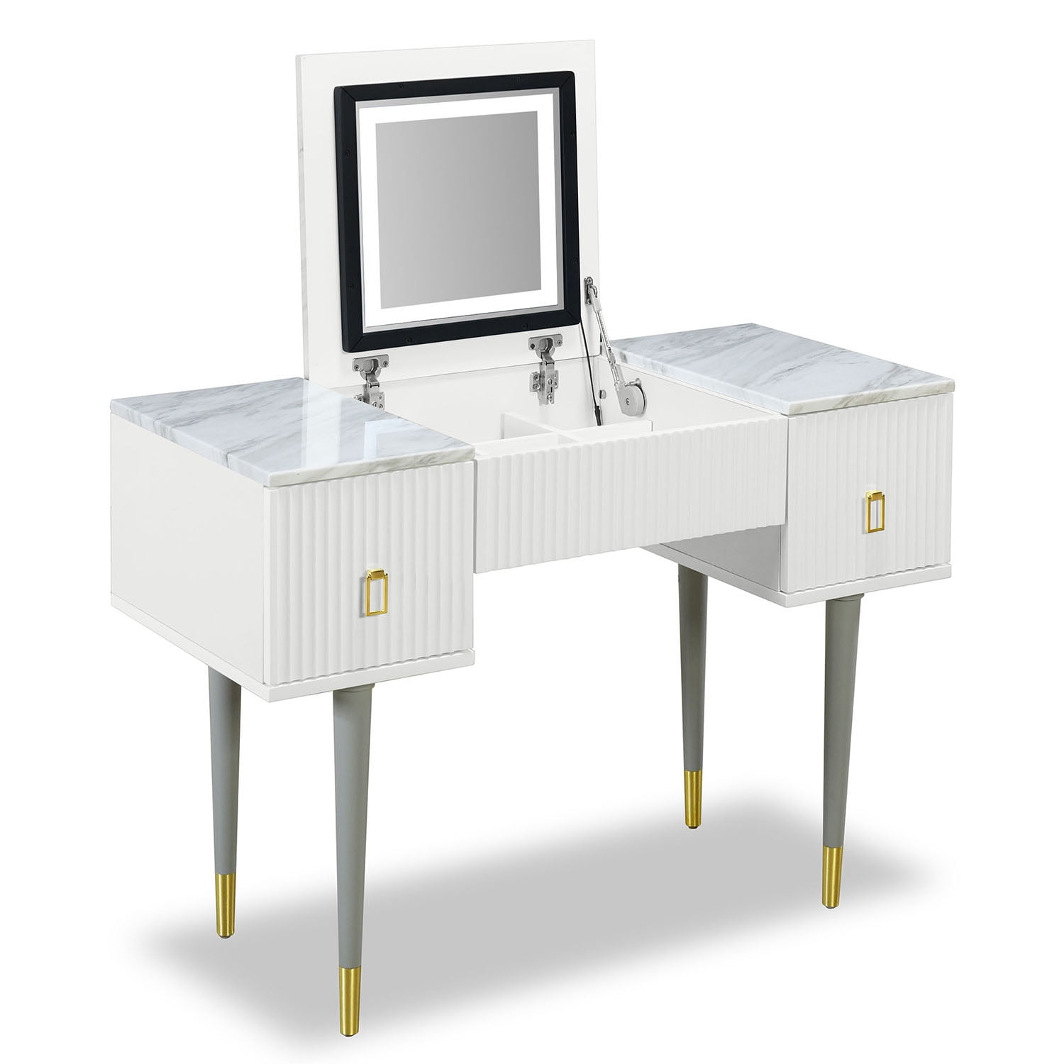 Resenkos 43.3" Modern Vanity Table Set with Flip-top Mirror and LED Light, Dressing Table with Customizable Storage, White and Gray