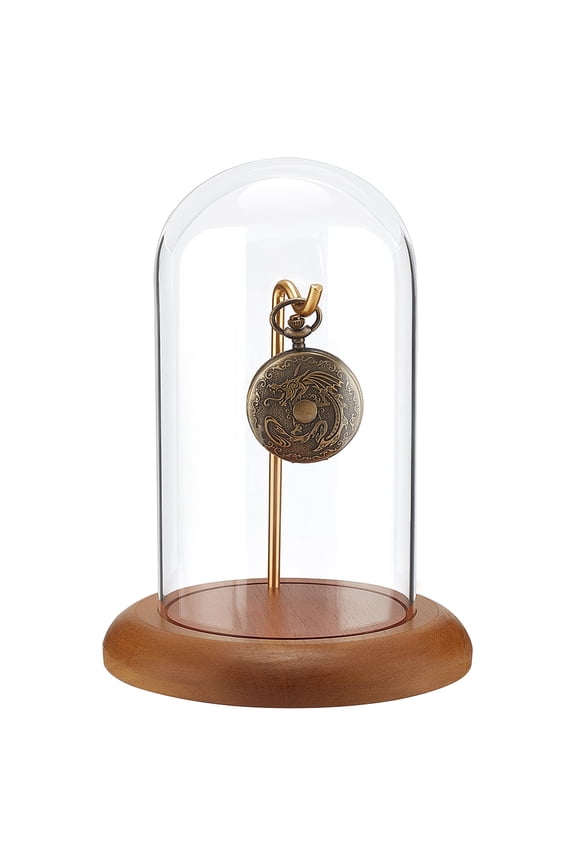 Pocket Watch Glass Display Dome Cloche with Hook 5.7"x7.6" Watch Display Jar Clear Glass Dome with Wood Base Plant Watch Ornament