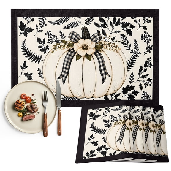 Black Fall Pumpkins Placemats Set of 2, Thanksgiving Floral Botanical Foliage Washable Wipeable Table Mats for Dining Tables, Indoor Outdoor Kitchen Place Mats for Holiday Party Table Decor