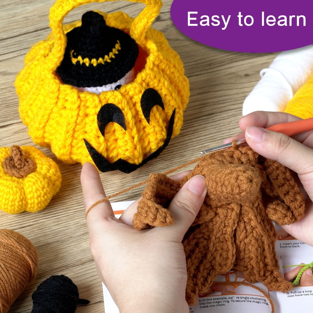 Halloween Pumpkins Crochet Set with Step-by-Step Instruction, Crochet Hook, Yarns, Knitting Needle, Beginner Crochet Set