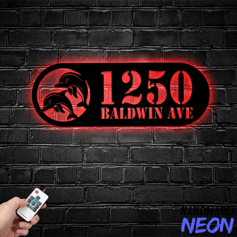 Handmadetneonsign Dolphins House Number Metal, Dolphin Home Number Metal Sign, Address Wall Decor 043888
