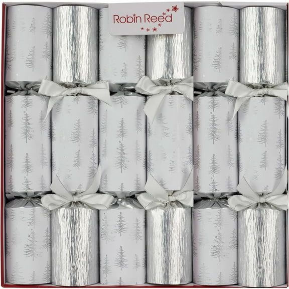 Robin Reed 12" Crackers, Christmas Silver Pine Trees - Box of 6 (62418)