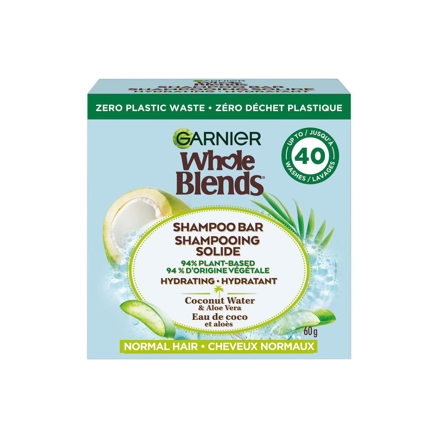 Garnier Whole Blends Shampooing Solide hydratant à la Noix de Coco et Aloès pour cheveux normaux, Emballage zéro plastique, sans silicone, sans agents de conservation, sans savon ni pigments, avec hui