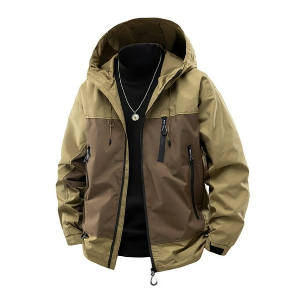 WTOBBY Men's and Women's Color-Matched Hooded Windbreaker, Outdoor Sports Waterproof Jacket with Windproof Design for Couple Activities,Khaki L