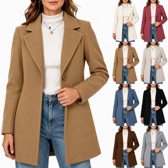 Women Coat Winter Casual Long Sleeve Solid Color Button Front Lapel Coat with Pockets Soft Loose Fit Cozy Outerwear for Office Wear