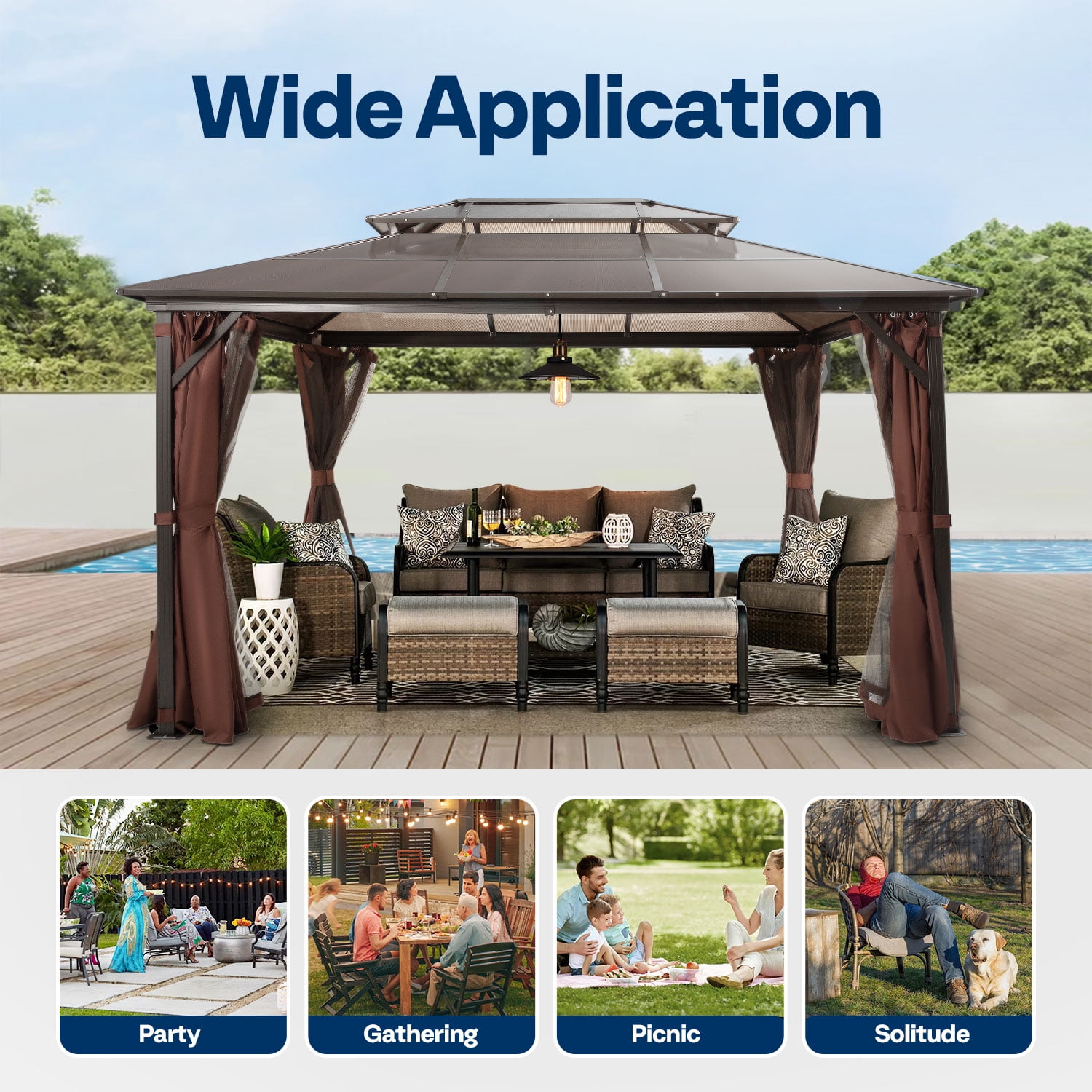 VIVOHOME 10' x 13' Double Roof Hardtop Gazebo, Polycarbonate Roof & Aluminum Alloy Frame with Netting & UV-Proof Privacy Curtain