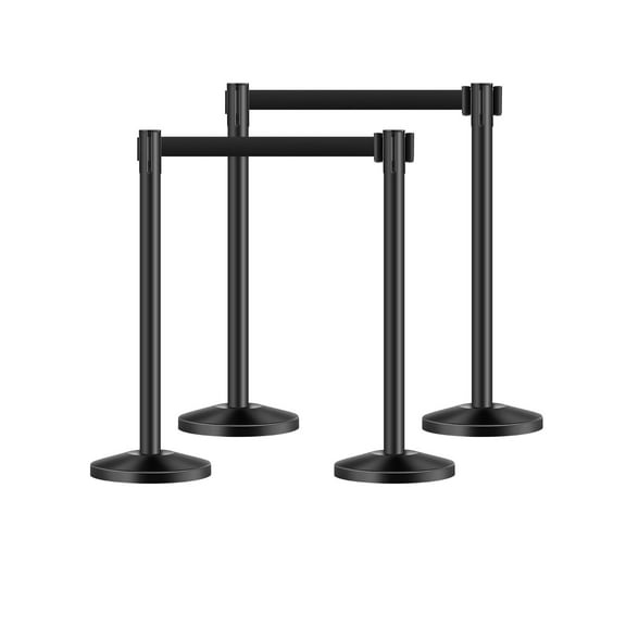 VEVOR Stanchion Post, 4 Pcs Stanchions with Retractable Belts, Carbon Steel Black Stanchions Queue with Sand Injection Hollow Base, Crowd Control Barriers for Theaters, Parties, Weddings