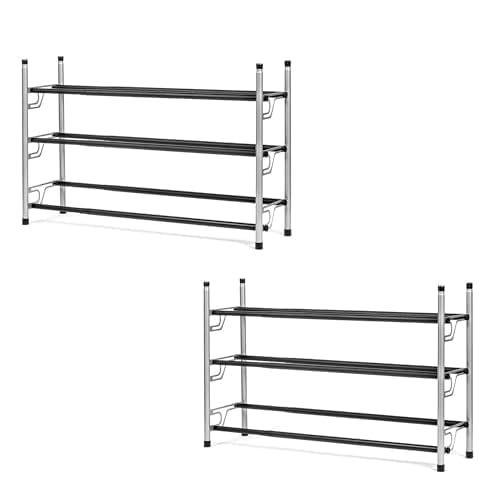 USTECH Brand Name 3-Tier Free Standing Shoe Rack, Black Metal Storage Shelf for Entryway & Closet, 2-Pack