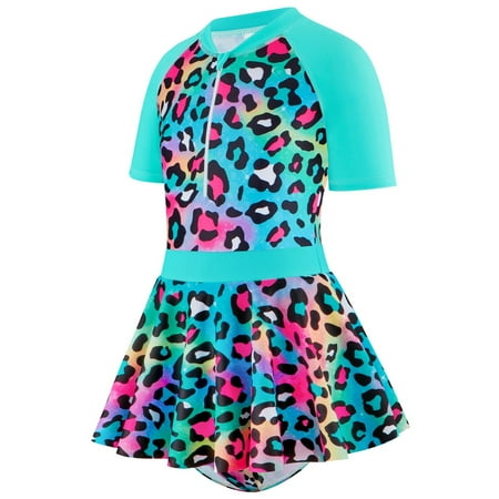 Girls Swimsuits Cute One Piece Bathing Suit Fashion Colorful Leopard Print Spa Vacation Beach Girls  Swimwear Swim Suit Mint Green Size 150