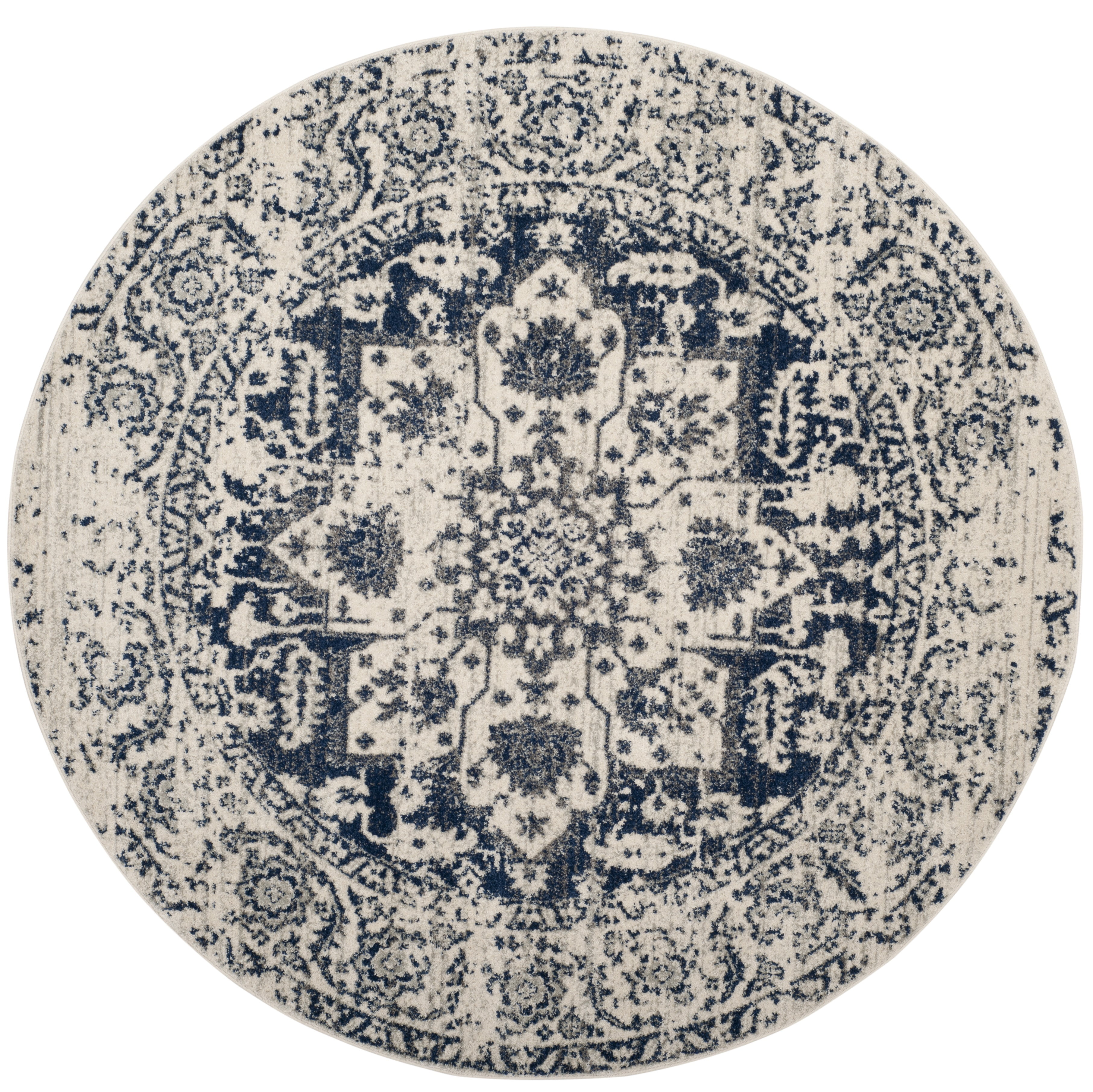 SAFAVIEH Madison Katina Traditional Area Rug, Cream/Navy, 5' x 5' Round - Traditional Design, Cream & Navy, Non-Shedding & Easy Cleaning, Ideal for Living Room, Bedroom, Dining Space