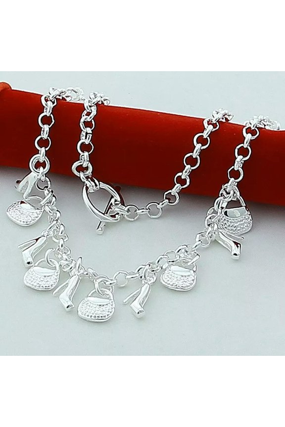 925 Sterling Silver Shoes Stylish Bag Pendant Chain Necklace Women Fashion