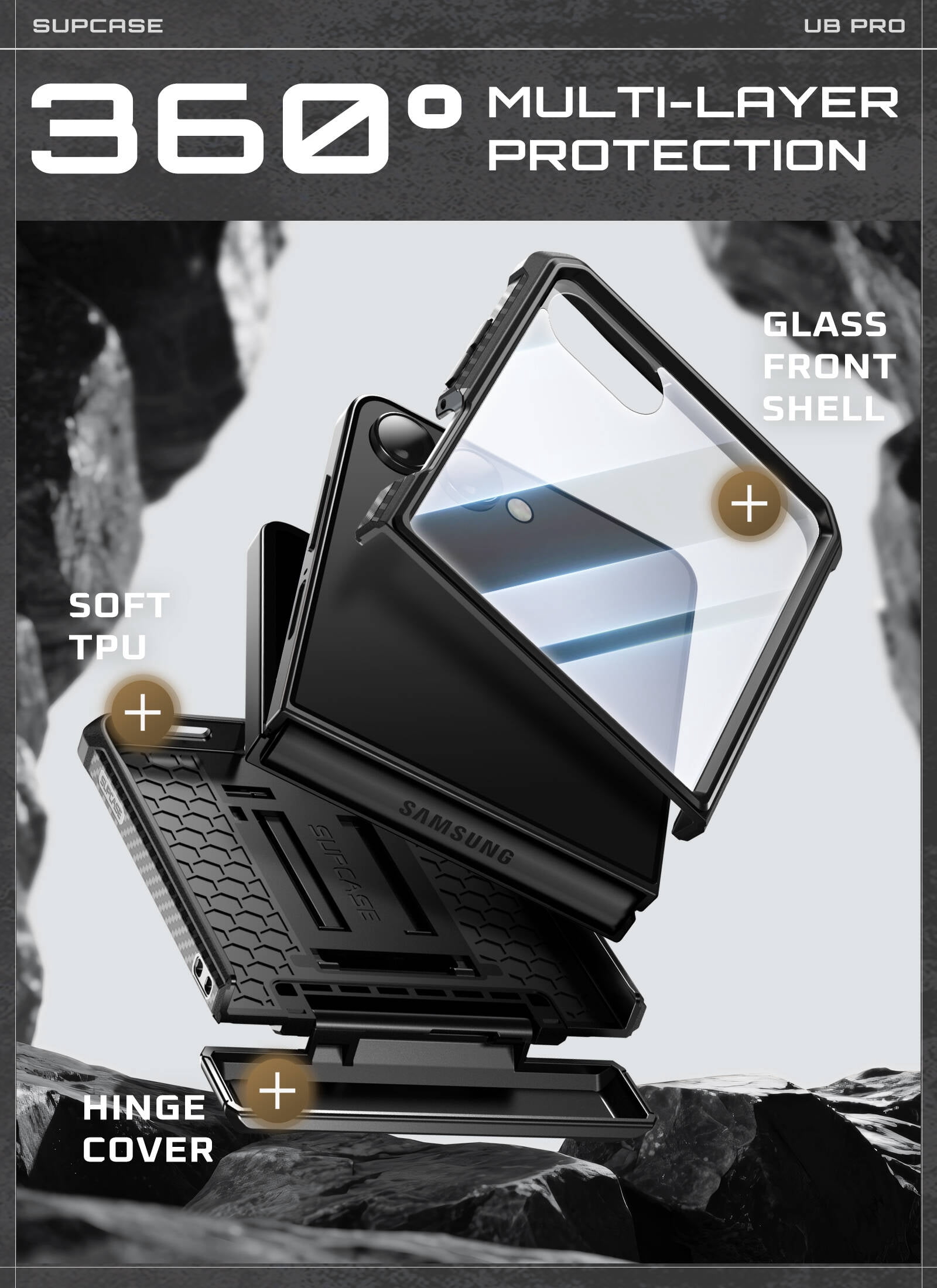 SUPCASE Unicorn Beetle Pro for Samsung Galaxy Z Flip 7 Case with Built-in Stand & Belt-Clip, [Hinge Protection] [Front Tempered Glass Screen Protector] Full Body Military-Grade Phone Cover, Black