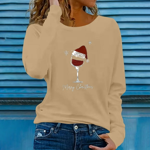 HOMBOM Womens Shirts Plus Size Khaki Comfy Long Sleeve Christmas Xmas Reindeer Cute T Shirts for Ladies