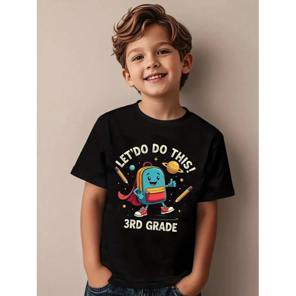 Girls & Boys Space Theme Cotton Graphic Tees, Back To School Clothes Girls, Black Casual Summer Shirts With Cartoon Backpack And Planet Pattern, Gift For First Day Of School, Round Neck Short Sle
