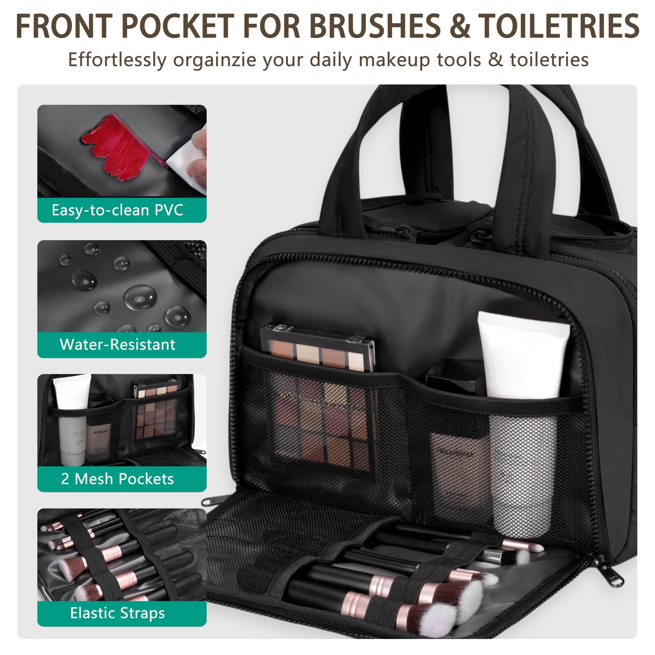 Puffy Travel Toiletry Bag for Women, Wide-Open Cosmetic Makeup Bag Organizer with Handle, Lightweight Quilted Travel Bag for Accessories, Essentials, Toiletries, Black