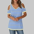 thumbnail image 2 of Olyvenn Women V Neck Cold Shoulder Tops V Neck Striped Short Sleeve T Shirts Loose Tops Sexy Casual Blouse 2025 Trendy Tshirt Light Blue S, 2 of 6