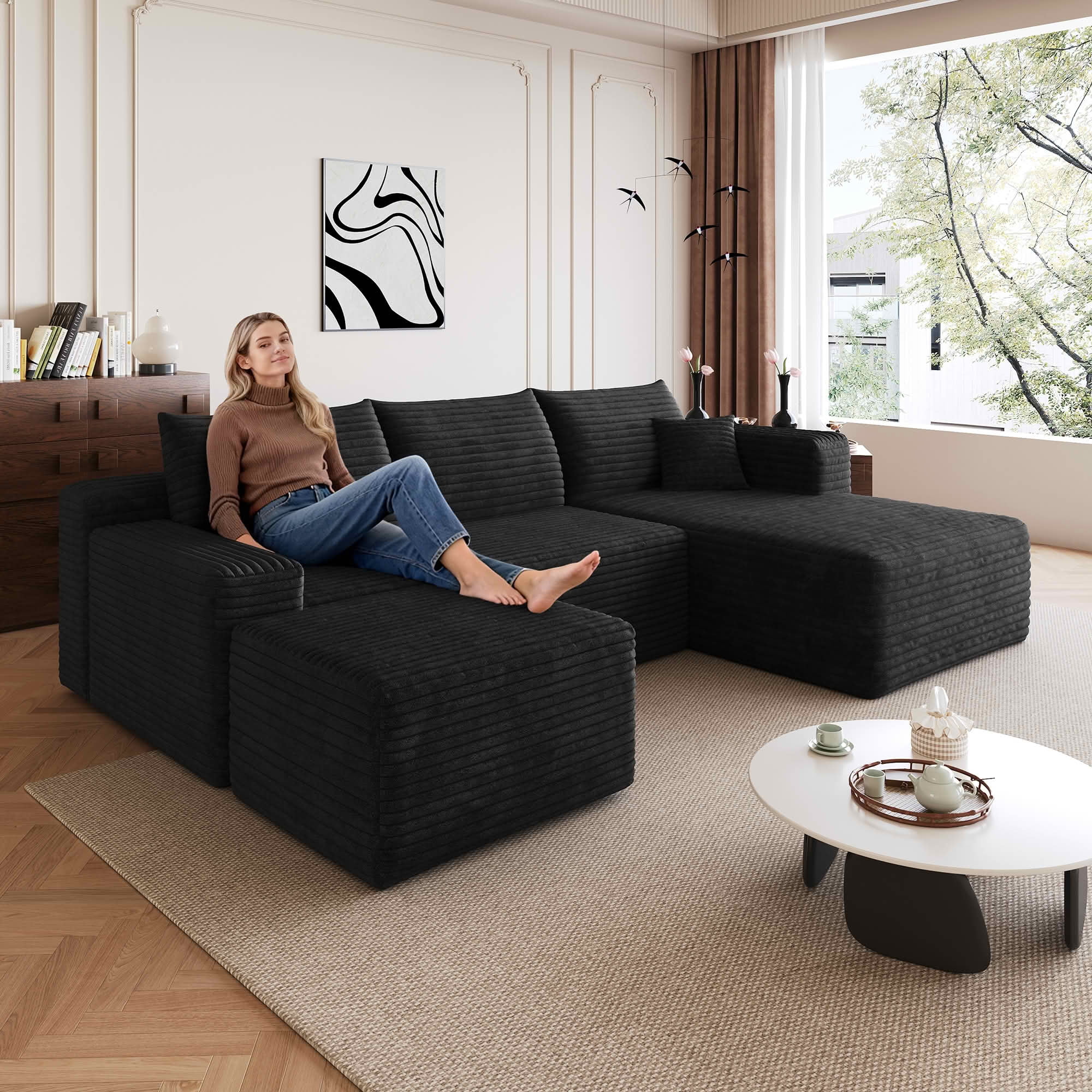 MAYEERTY 95" Cloud Sectional Sofa with Ottoman, U-Shaped Corduroy Deep Seat Couch, No Assembly for Living Room, Black