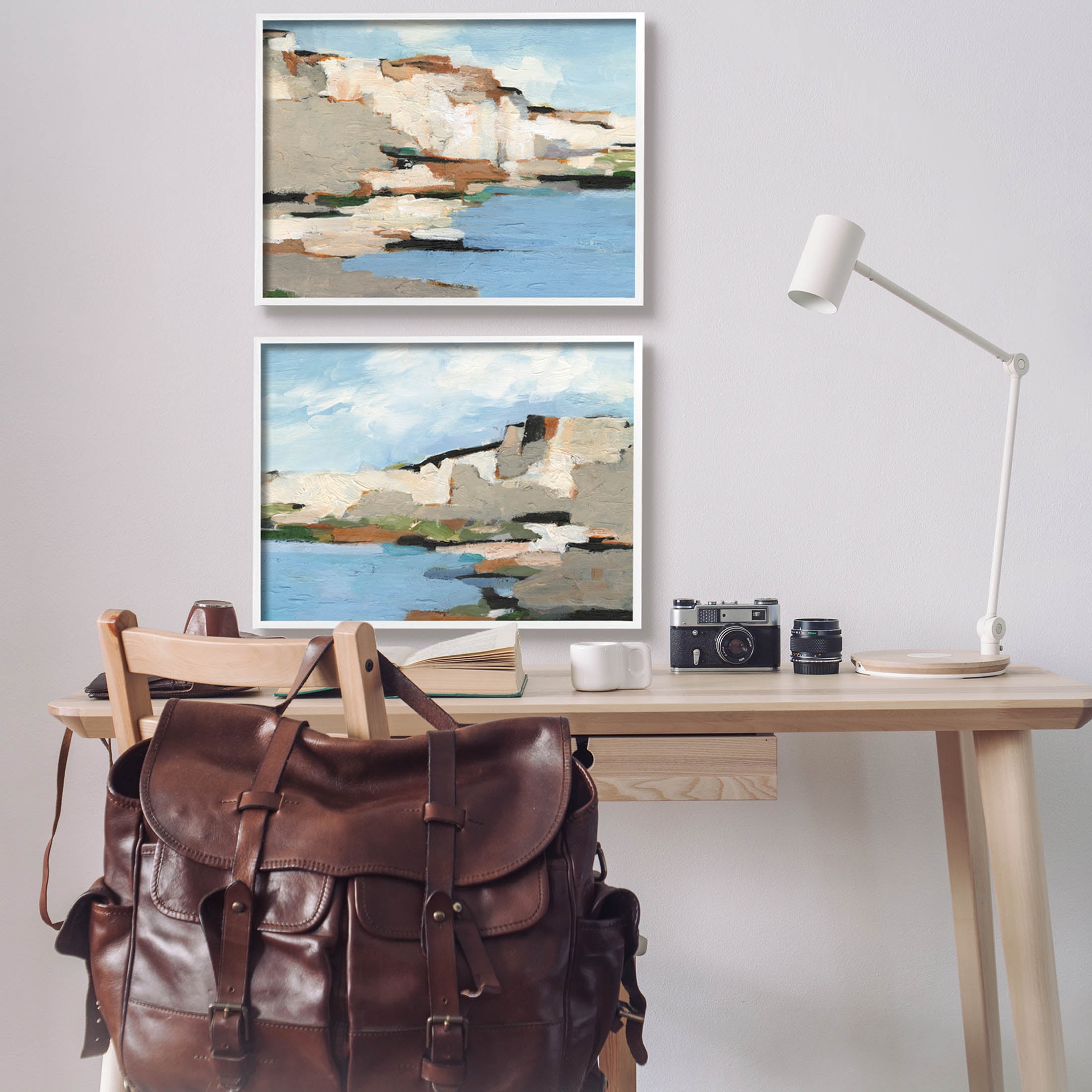 Seaside Cliff Modern Landscape Landscape Painting White Framed Art Print Wall Art, Set of 2