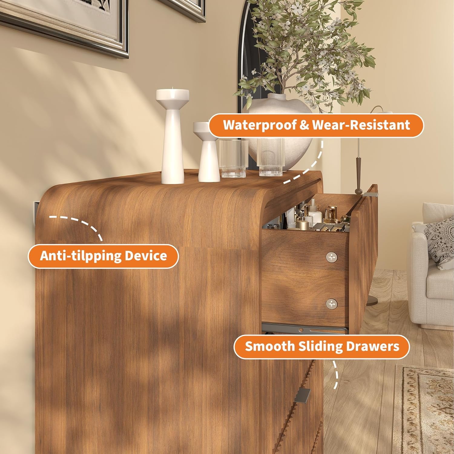 Fluted 5-Drawer Tall Dresser, Walnut Wood Chest with Rounded Edge for Bedroom, Living Room, Hallway