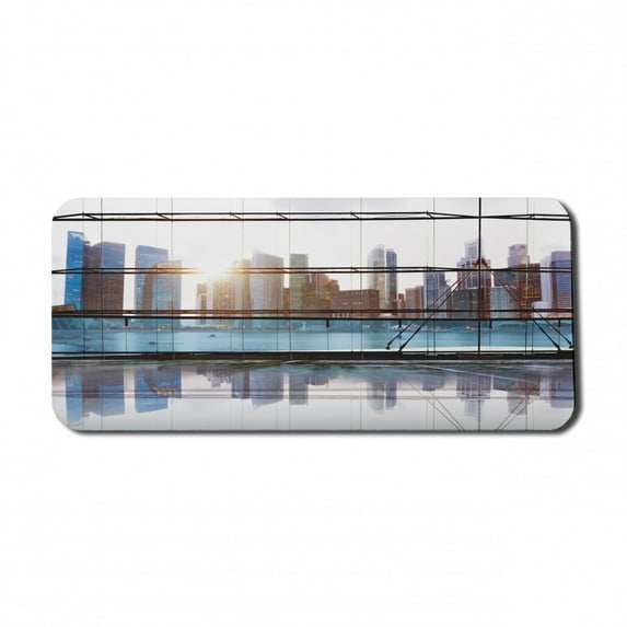 Modern Computer Mouse Pad, Scenery of Modern Futuristic Metropolitan City with Skyscrapers Print, Rectangle Non-Slip Rubber Mousepad X-Large, 35" x 15", Sky Blue Black and White, by Ambesonne