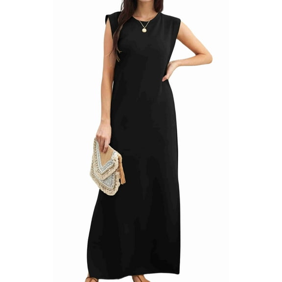Women's Summer Maxi Dress Long Casual Loose Fit Round Neck Wrinkle-Free with Pockets Side Slit Black S