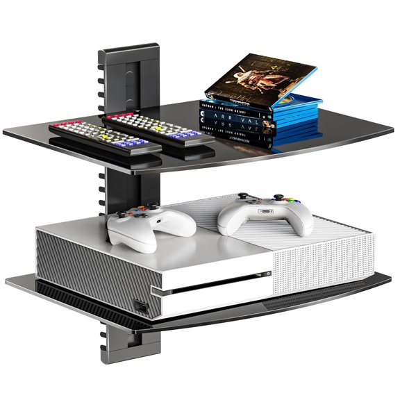 Estantes Flotantes de Pared para TV, Soporta Hasta 8KG, Estante para TV con Cristales Templados Reforzados para Reproductores de DVD Cajas de Cables Consolas de Juegos, 2 Estantes, Negro