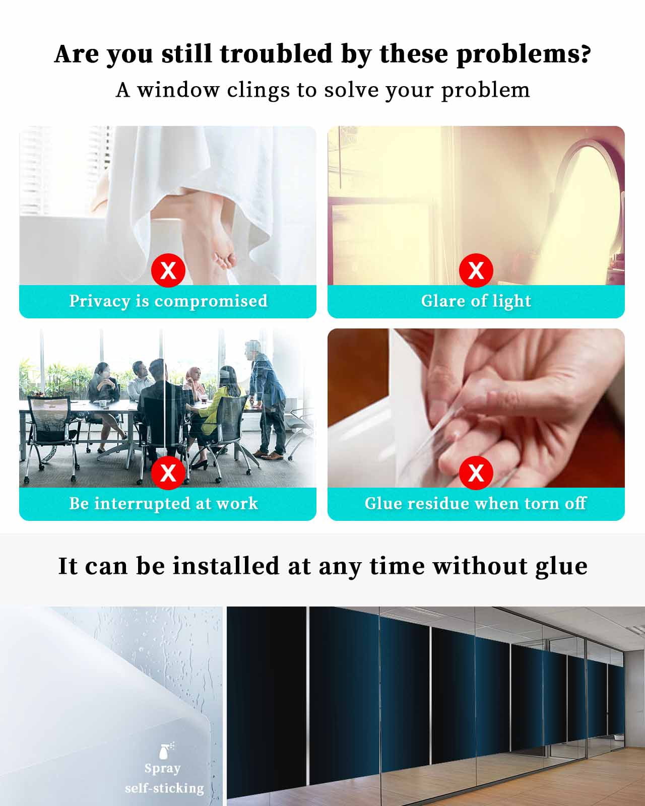 Window Privacy Film, Blue Black Ombre UV Sun Blocking Window Tint Film Heat Control One Way Blackout Window Film, Blue Gradient Abstract Modern Minimalism Art Non Adhesive Static Cling 23.6x59 In