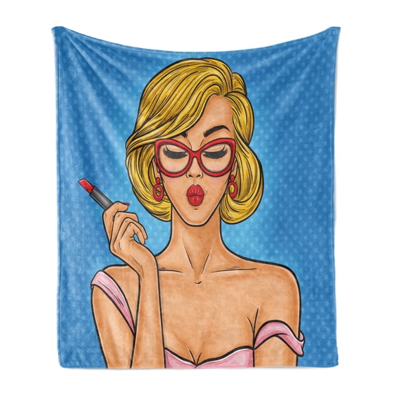 Pin up Girl Soft Flannel Fleece Throw Blanket, Portrait of Blonde Lady with Red Lipstick Cat Eyeglassesnd Round Earrings, Cozy Plush for Indoor and Outdoor Use, 70" x 90", Multicolor, by Ambesonne